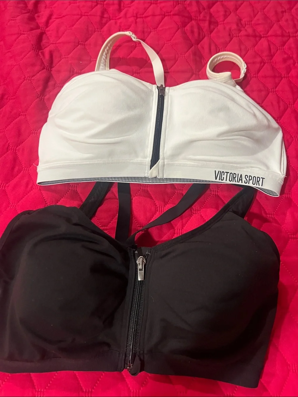 Victoria Sport Zip-Front Sports Bra - White, Black. Set of 2.